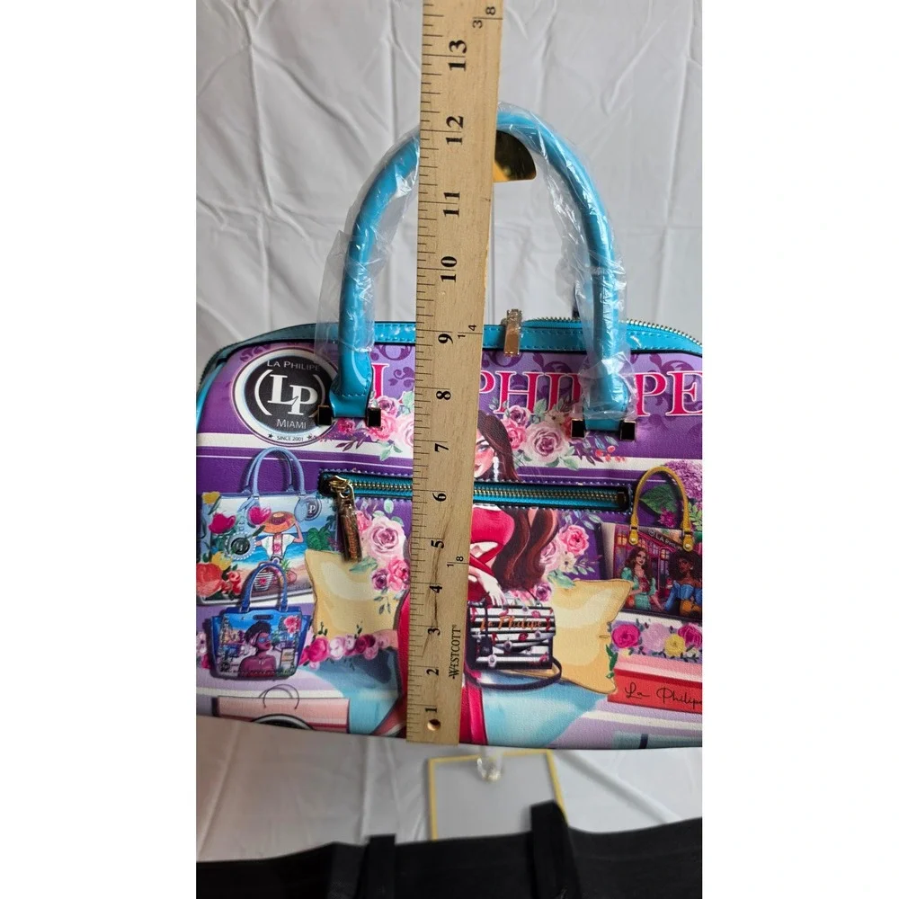 La Philipe Bold Beauty Satchel Handbag Turquoise Purple Floral Graphic LP1020